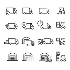 Delivery icons set. Collection of simple linear web icons such as Shipping By Sea Air, Delivery Date, Courier, Warehouse, Return Search Parcel, Fast Shipping and others Editable vector stroke.