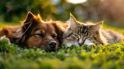 Close-up of Cats and Dogs Resting on the Grass in Environmental Awareness Style