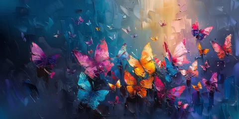 Deurstickers Grunge vlinders Butterflies and abstract oil painting, digital mixed media art