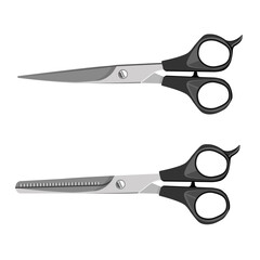 Hair cutting scissors, straight and thinning, isolated on a white background. Vector illustration of scissors for beauty salons, hairdressers.