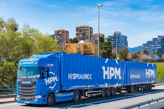 Algeciras, Cadiz, 2,27,2024; Duo trailer truck from the Hispamaroc company dedicated to transport between Spain and Morocco.