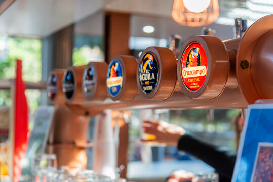 Cordoba,Andalusia, 2,24,2024; Device for pouring draft beer from the Cruzcampo company in a bar in the city of Cordoba.