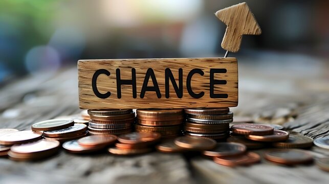 Coins and Wood Sign with the Word Chance - Detailed and Emotional Image