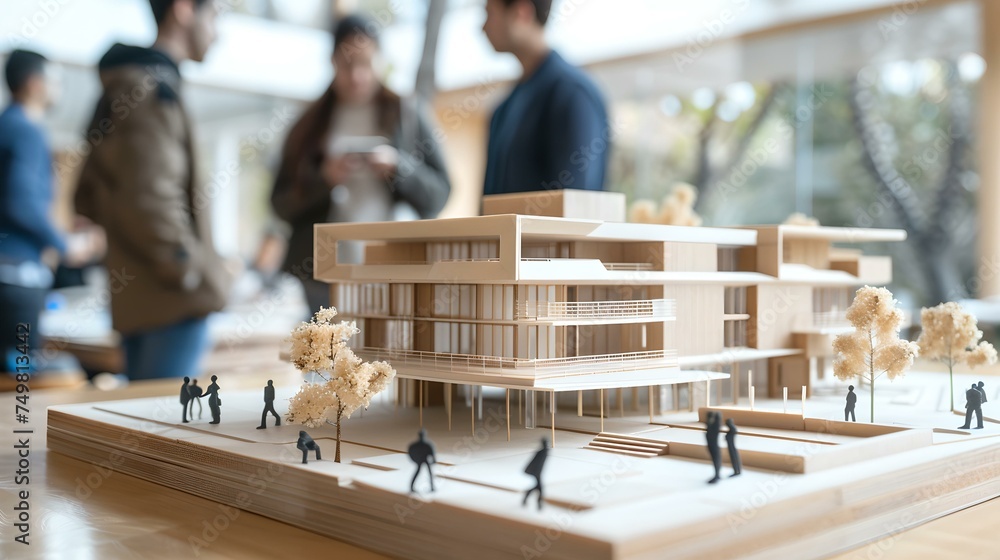 Poster architectural model display on table with focused details. team discussing in background. ideal for 
