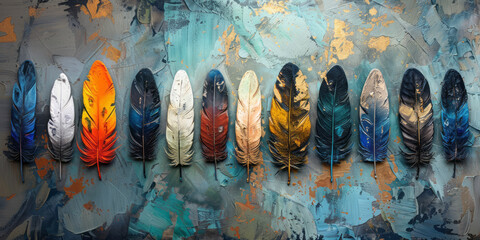 Color feathers and abstract oil painting, digital mixed media art