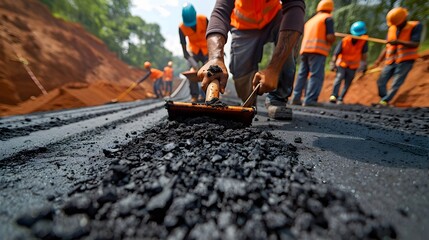 Construction Workers Fixing an Asphalt Road in an Industrial Area