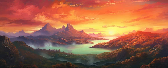 Fotobehang Beautiful illustration of stunning mountain range landscape with vibrant colours at sunset or sunrise © veneratio