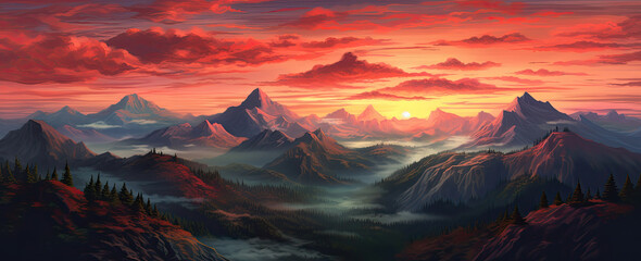 Beautiful illustration of stunning mountain range landscape with vibrant colours at sunset or sunrise - obrazy, fototapety, plakaty
