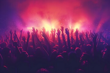 Crowd at a Music Concert with Hands Up - obrazy, fototapety, plakaty