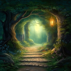 Fantasy landscape illustration of old ruins in forest with arches and passages through the buildings and foliage