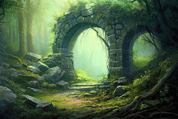 Fantasy landscape illustration of old ruins in forest with arches and passages through the buildings and foliage