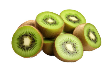 Fototapeta premium Fresh kiwi fruit, sliced kiwi halves and whole kiwifruit with green flesh and seeds, realistic food ingredient PNG isolated on Transparent Background