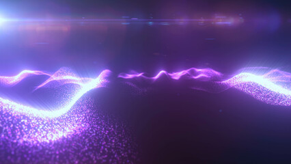 Purple energy magic digital futuristic waves with light rays lines and energy particles. Abstract background