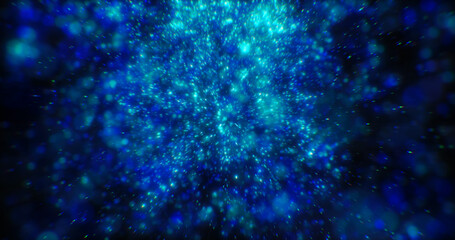 Blurred blue abstract background of bokeh and small round particles of energy magical holiday flying dots on a black background