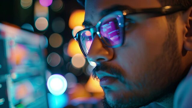 Close up of an Indian man with mustache with glasses reflecting computer screen while writing computer code 