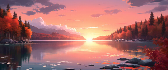 Enchanting gradient sunset casting warm light over a tranquil lake, creating the cutest and most...