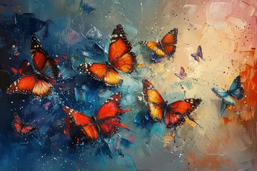 Papier Peint photo Lavable Papillons en grunge Butterflies and abstract oil painting, digital mixed media art