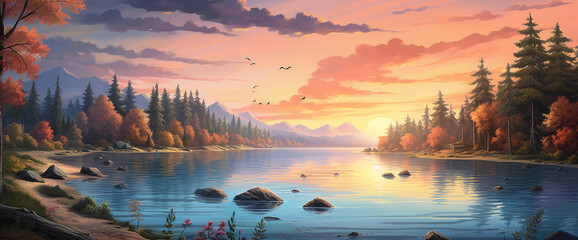 Enchanting gradient sunset casting warm light over a serene lake, creating the cutest and most beautiful waterside scene. - obrazy, fototapety, plakaty