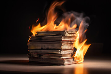 Newspapers in fire. Books and magazines on fire on black background. Books fire. Burning books in fire. Stack of books burning. Burning a stack of magazines and newspapers. Big bright flame magazine - obrazy, fototapety, plakaty