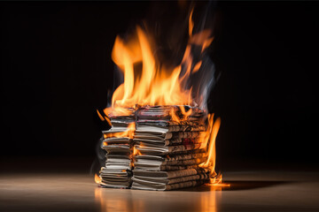 Newspapers in fire. Books and magazines on fire on black background. Books fire. Burning books in fire. Stack of books burning. Burning a stack of magazines and newspapers. Big bright flame magazine - obrazy, fototapety, plakaty