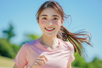 公園でジョギングをする20代女性