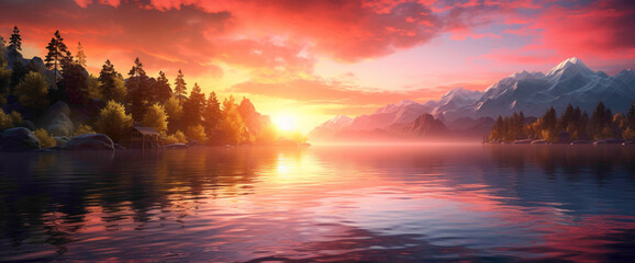 Enchanting gradient sunset casting warm light over a serene lake, creating the cutest and most beautiful waterside scene. - obrazy, fototapety, plakaty