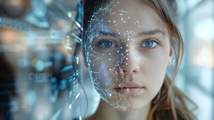 Futuristic Sci-Fi Facial Recognition Technology with Biometric Identifier - obrazy, fototapety, plakaty