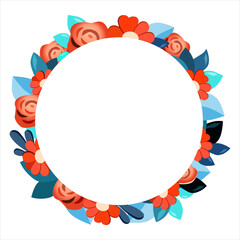 Vector round frame of hand drawn flowers for words. Isolated red blue vignette for flat design