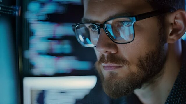 Close up of an Caucasian man with beard with glasses reflecting computer screen while writing computer code 