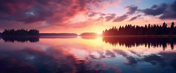 Enchanting gradient sunset over a serene lake, casting the cutest and most beautiful reflections on...