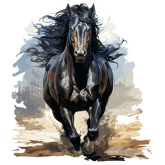 Watercolor Painting of a Black Horse Running, isolated on a white background, Illustration Vector & Drawing clipart.
