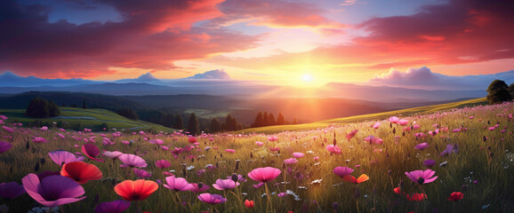 Enchanting gradient sunset over a flower-filled meadow, casting the cutest and most beautiful glow...