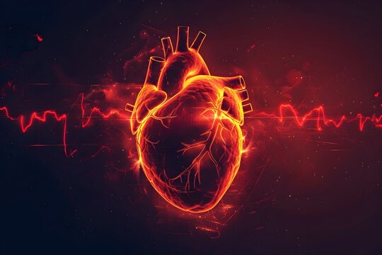 Glowing Bright Heart with ECG and Fiery Illustration