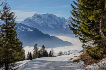 Winter in the Swiss Alps, sea of fog, mountains