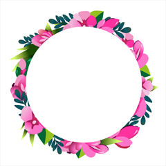 Vector round frame of hand drawn flowers for words. Isolated red pink vignette for flat design