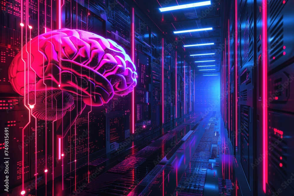 Poster connection of brain and technology, mind connected to a computer board
