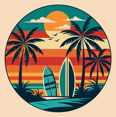 Fototapeta na wymiar Create a retro-inspired design featuring vintage surfboards and palm trees