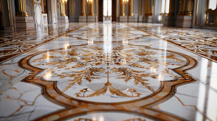 A detailed UHD capture of a luxury floor design with marble tiles in a classic Versailles pattern,...