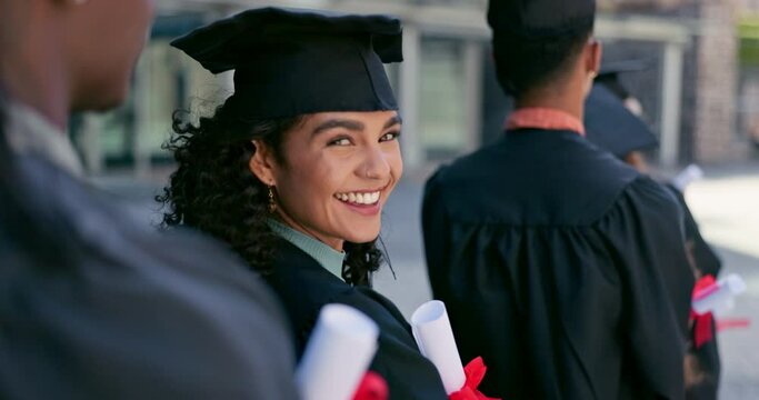 Happy, graduation and face of woman with students at university in line with diploma, degree or scroll. Smile, education and portrait of female person waiting with college certificate at school.