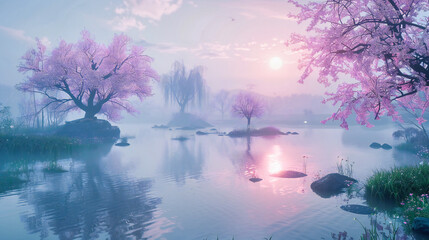 Misty Lake Sunrise: Tranquil Nature Scene with Purple and Pink Hues
