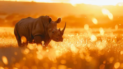Poster Majestic rhino standing in a golden savannah sunset backlighting its silhouette © AlexCaelus