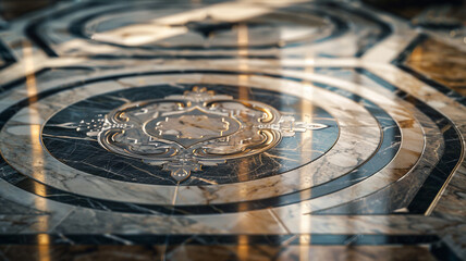 A detailed UHD capture of a luxury floor design with marble tiles in a classic Versailles pattern,...