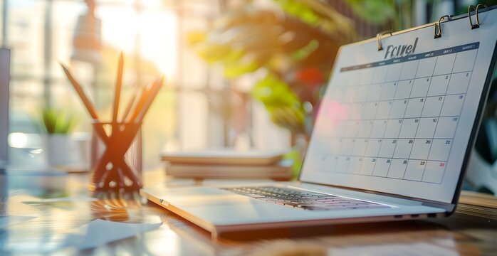 Serene home office setup with an open calendar on desk, blurred laptop in the foreground. modern freelance workspace concept. AI