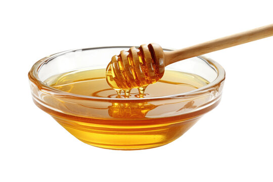 Bowl of Honey With Wooden Spoon. A wooden spoon rests in a bowl filled with golden honey. The rich, viscous liquid glistens in the light, exuding a sweet aroma. on White or PNG Transparent Background.