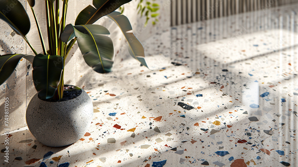 Poster a detailed uhd capture of a minimalist floor design with porcelain tiles in a terrazzo-inspired fini