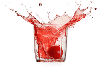 Apple Splashing Into Glass of Water. An apple falls from above, causing a big splash as it lands into a clear glass of water. The water ripples outwards, capturing the moment of impact.