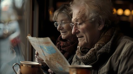 Senior couple enjoying a cozy cafe moment reading map together. candid lifestyle scene, warm tones. connection and travel concept. AI