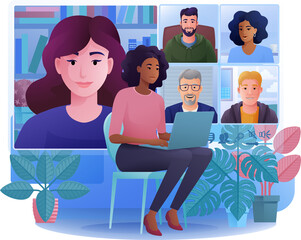 Woman Online Video Call Meeting Laptop Cartoon