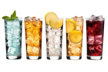 Assorted Drinks in Row of Glasses. A row of glasses filled with various types of drinks, including water, wine, juice, soda, and cocktails. Each glass showcases a different color and texture.