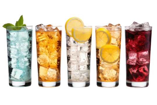 Assorted Drinks in Row of Glasses. A row of glasses filled with various types of drinks, including water, wine, juice, soda, and cocktails. Each glass showcases a different color and texture.